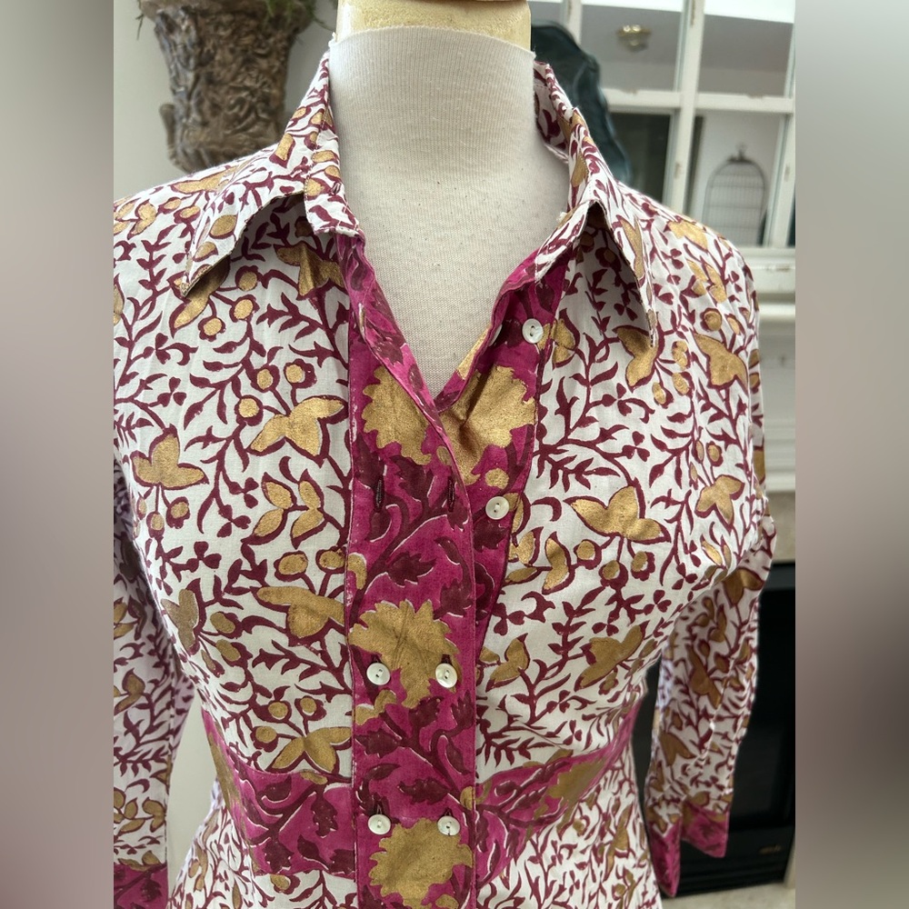 Oliphant Maxi In Marchesa Wine, Gold Foil Cotton Shirt Dress - Picture 8 of 14